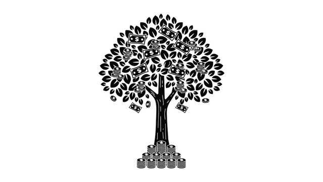 Black silhouette of a money tree with dollar bill leaves and stacks of coins at the base, isolated on a white background