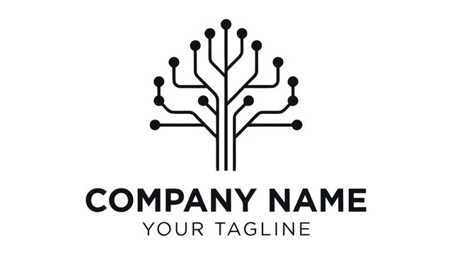 Minimalist of a digital tree made of circuit board lines and dots, representing technology and connectivity on a plain white background