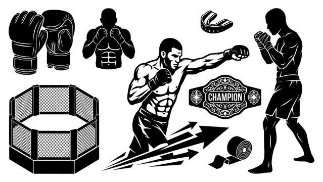 Mixed Martial Arts MMA Vector Set with Fighters Octagon Cage Championship Belt Gloves and Hand Wraps