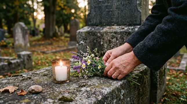 Hands placing flowers beside a candle at a memorial. Respectful tribute scene with floral arrangement and candlelight.
