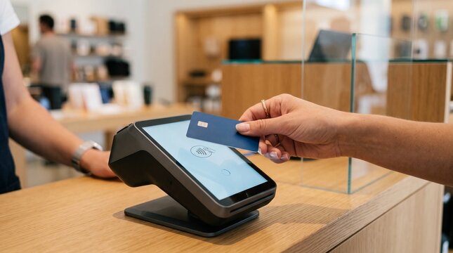 Customer paying with credit card at checkout. Business transaction with contactless payment device, modern point of sale system in retail store.