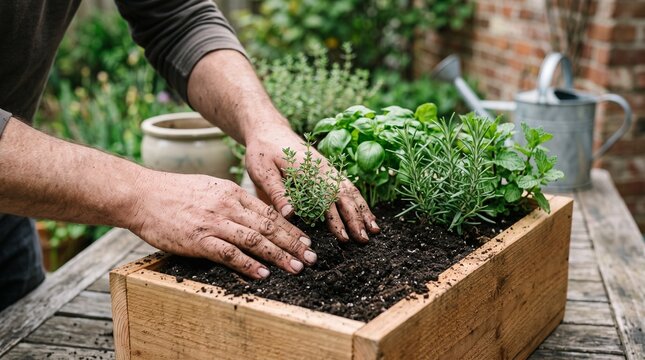 Hands planting herbs in a garden planter. Gardening and planting activity for home or urban gardening enthusiasts.