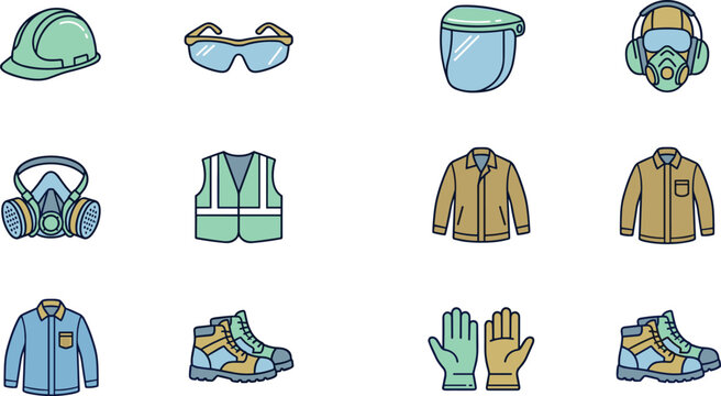 Personal Protective Equipment PPE Vector Icon Set with Safety Helmet, Goggles, Face Shield, Respirator, Gloves, Boots, Jackets, and High Visibility Vest