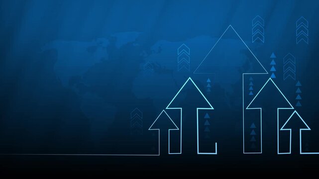 Abstract background with world map silhouette and upward-pointing outlined arrows indicating growth animation