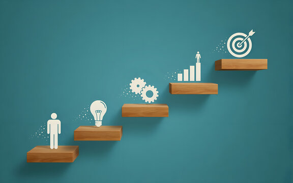 Business growth steps with icons for planning and success on wooden shelves against a teal wall