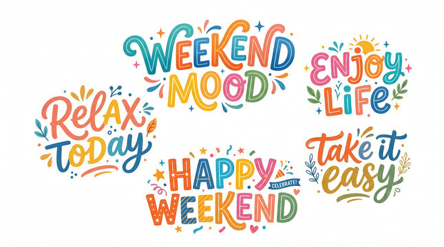 Premium high quality professional stock photo colorful weekend relaxation hand lettered typography set