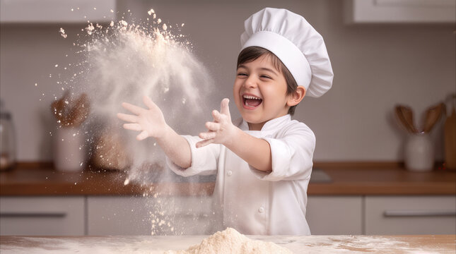 Cheerful preschooler boy in chef hat throwing flour in kitchen. Little child playing with baking ingredients and laughing.