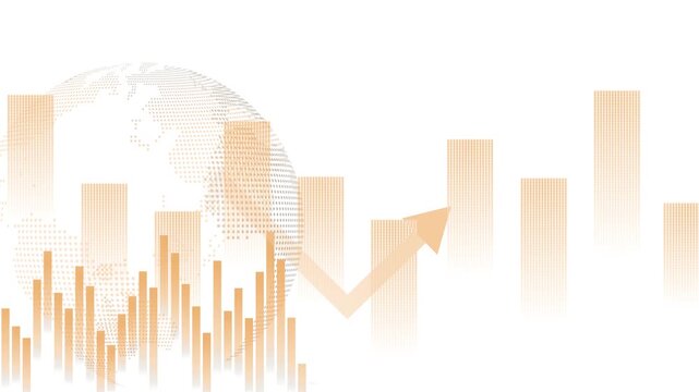 Monochrome financial growth chart with rising arrow animation, Financial chart with rising arrow and vertical bar graphs globe silhouette behind dots