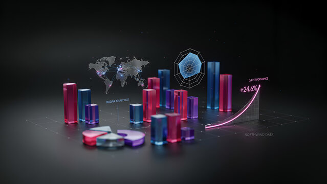 Financial growth charts and world map during a digital presentation with glowing lines and data visualization
