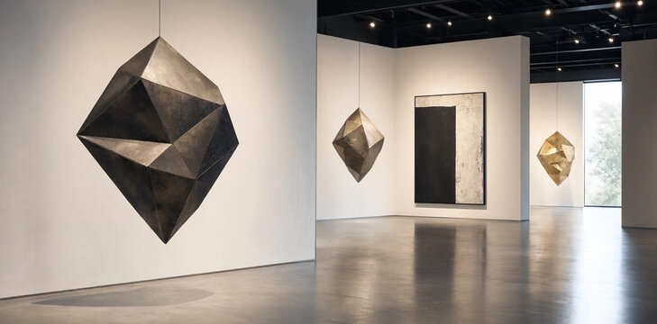 Contemporary art gallery interior with large geometric sculptural installations suspended on white walls exhibition sculpture installation contemporary sculptural interior geometric
