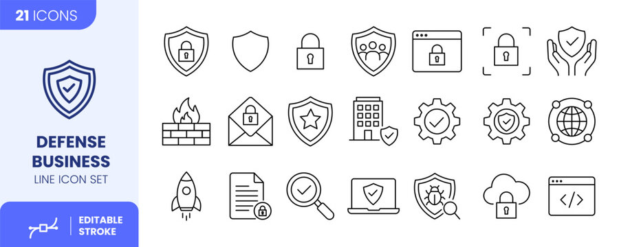 Defense Business Line Icon Set, 21 Editable Stroke Security and Protection Symbols Vector Illustration