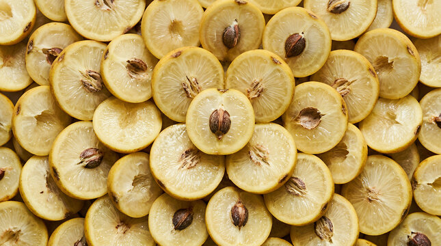 Marula fruit slices arranged in a vibrant pattern on a textured background
