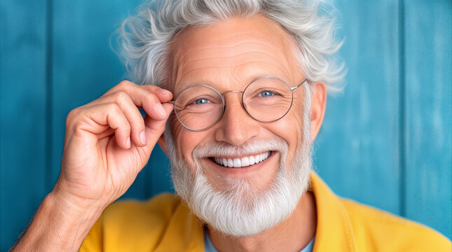 Joyful senior man adjusting round eyeglasses while smiling at camera. Close-up of happy elderly male with white beard against blue background.