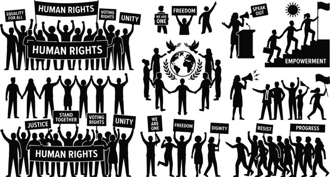 Human Rights and Activism Silhouette Icon Set Depicting Protests, Unity, and Empowerment