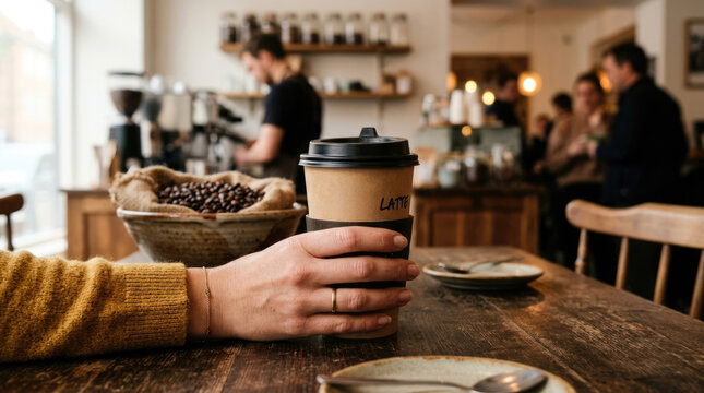 Coffee Cup in Cozy Cafe with Barista and Warm Interior