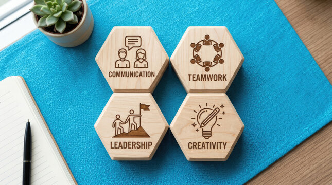 Wooden Blocks with Communication Teamwork Leadership and Creativity Concepts