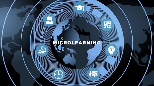 Dynamic microlearning concept featuring a rotating digital globe with interactive educational and futuristic hud interface for corporate training, e-learning, and online education platforms