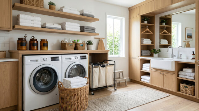 Modern Laundry Room Interior with Washing Machine Wooden Cabinets and Sink