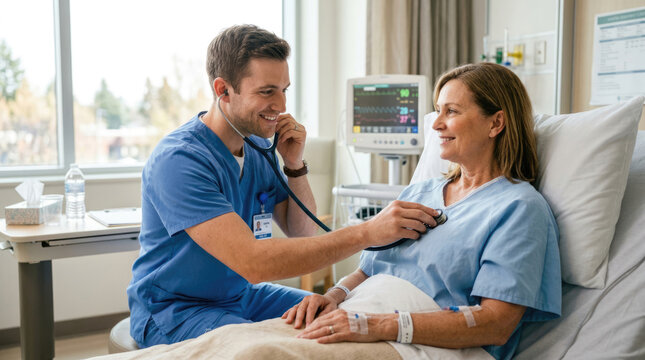 Nurse Checking Patient with Stethoscope During Hospital Examination