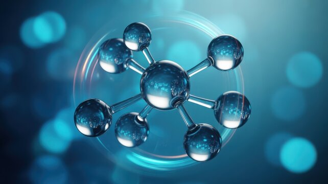 3D Render of a Central Molecule Structure with Radiating Atoms and Glowing Rings