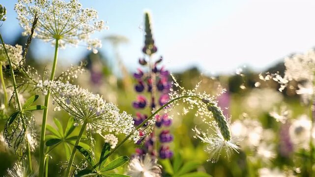 Macro Shot of White Umbel Wildflowers and Purple Blossoms in a Sunny Meadow with Soft Backlighting