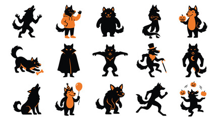 Fototapeta premium Set of cute cartoon werewolf character stickers for halloween decoration featuring various poses and expressions on white background
