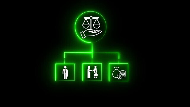 Business ethics and legal compliance corporate structure digital infographic concept a glowing green digital interface showing a hierarchical focused on and justice