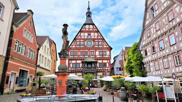 Half timbered architecture of the the old town hall and market square in the beautiful village of Besigheim, Germany