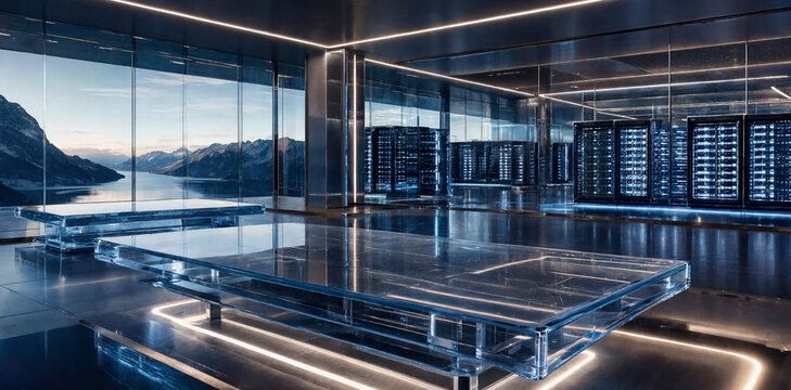 Sleek contemporary office space featuring glass conference tables and server hardware racks overlooking a calm lake surrounded by misty mountains high tech interior design interior mountain