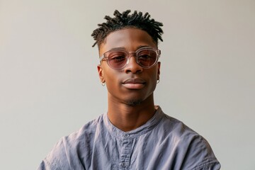 Obraz premium Studio portrait of a young man with tinted sunglasses and textured hair for modern portrait banner design and lifestyle background