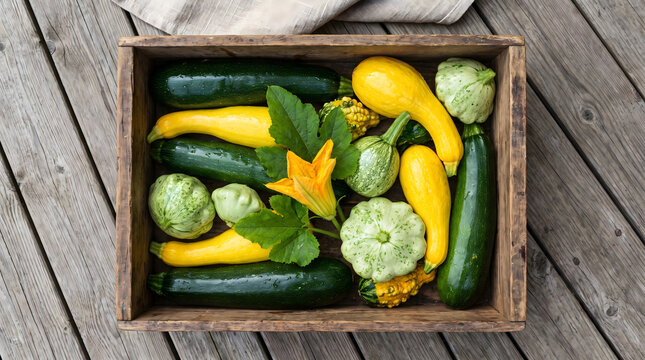 Flat Lay Harvest Wooden Crate Filled with Fresh Zucchini Pattypan and Yellow Squash
