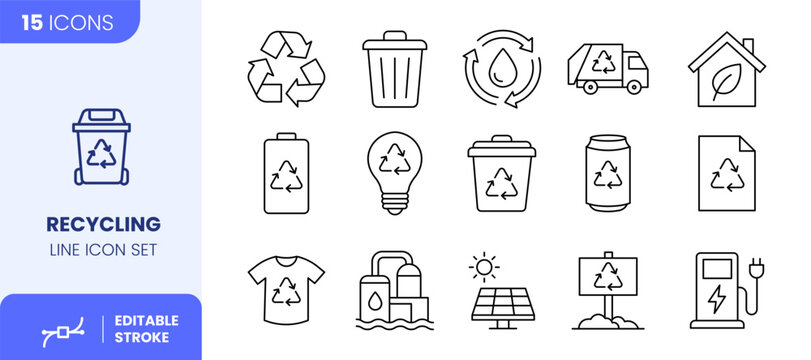 Recycling Line Icon Set, 15 Editable Stroke Eco and Waste Management Symbols Vector Illustration