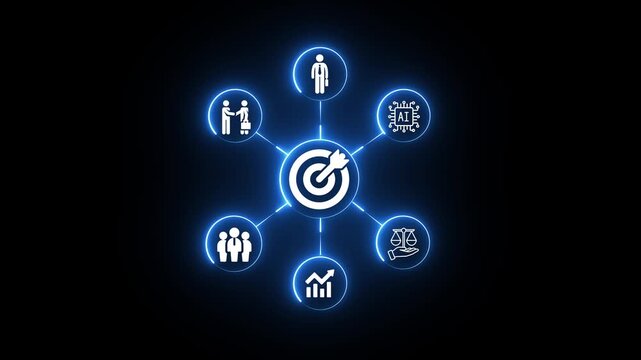 Glowing digital target and arrow icon representing business goal and strategic objective a neon blue hub featuring a and symbol connected to satellite nodes on a dark background