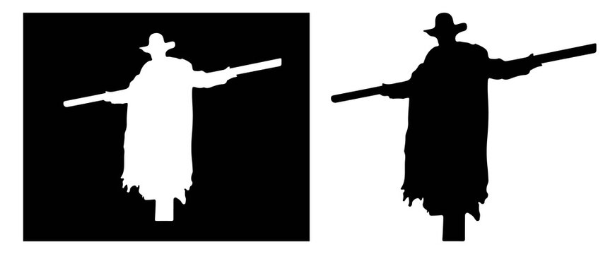 Spooky Halloween Scarecrow Silhouette Vector Set - Black and White Scarecrow Character on Wooden Pole for Fall and Halloween Design