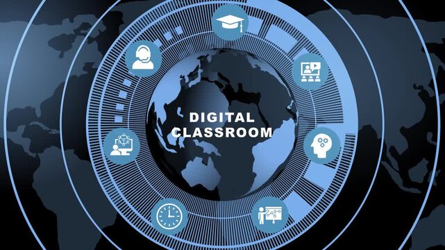 Dynamic digital classroom concept featuring animated global connectivity and futuristic hud interface for online education, e-learning platforms, virtual training, and modern remote learning solutions