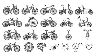 Hand Drawn Bicycle Types and Cycling Gear Doodle Icon Set Featuring Mountain Road Cargo Tandem Folding Bikes Unicycle and Helmet Vector Graphic Elements © MdWajed