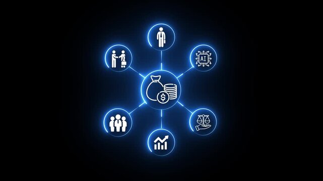 Glowing neon blue financial icon featuring money bag and coins for economic business growth a digital graphic displaying a and coin stack connected to nodes, representing finance and investment