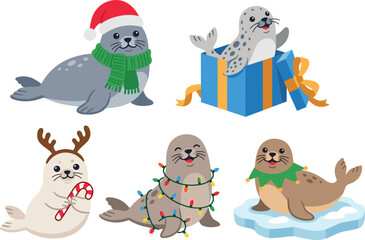 Fototapeta premium Cute christmas seal sticker set featuring cartoon winter marine animals with santa hat gift box and lights