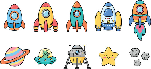 Cute Cartoon Space Rocket Ship Clipart Set Featuring Whimsical Spaceships Colorful Planet Waving Alien UFO Smiley Star and Asteroid Moon Lander Vectors © Jasmin