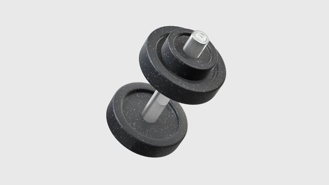 3D render of black dumbbells with silver handles and speckled weights, isolated on transparent background, alpha channel. for fitness, gym training, strength workout, bodybuilding. looped animation