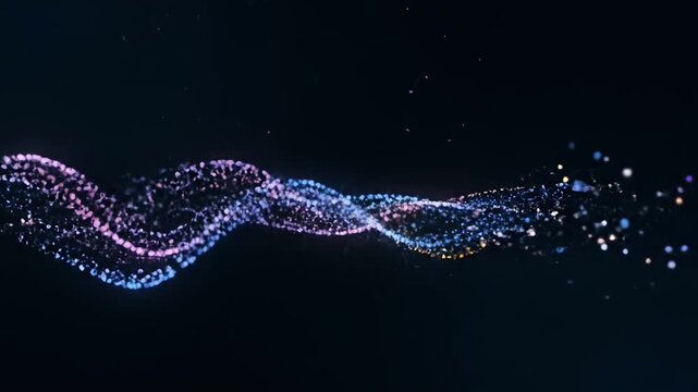 Blue particle trail flowing through dark space background.
