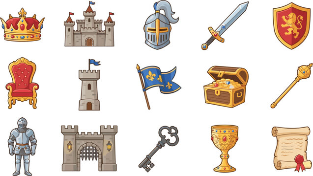 Medieval kingdom icons set including castle knight armor sword crown shield and treasure chest vector illustration