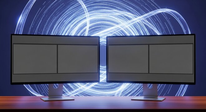 Dual monitors on desk with blue glowing light circular motion background