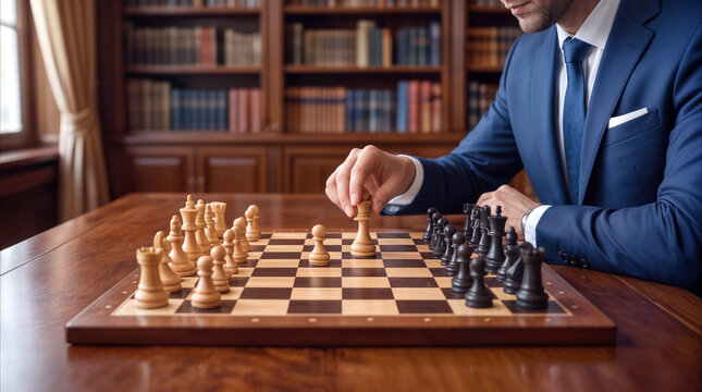 Professional executive moving chess piece on wooden board in classic library. Strategic decision making and business planning concept.