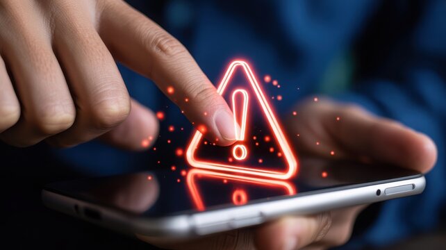 Hand holding a smartphone with a glowing red warning sign, symbolizing a critical alert or system error.
