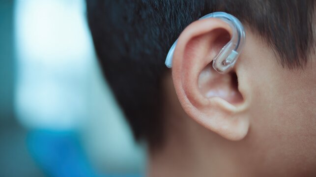 Boy wears hearing aid at a school setting during the daytime while engaged in a learning activity with classmates