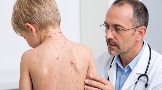 Doctor Examining Child With Red Skin Rash on Back, Pediatric Dermatology, Childhood Illness and Medical Diagnosis