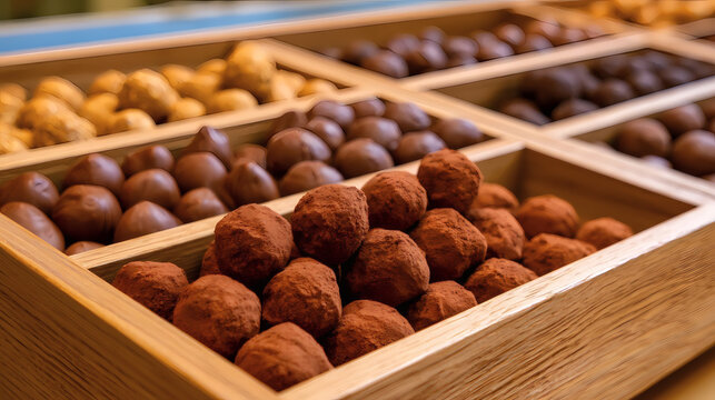 Assorted chocolate truffles on display in a wooden box at a confectionery shop. Delicious variety of handmade gourmet chocolates. Close-up, selective focus.