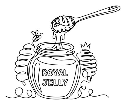 Royal jelly honey jar with wooden dipper and bee continuous line art