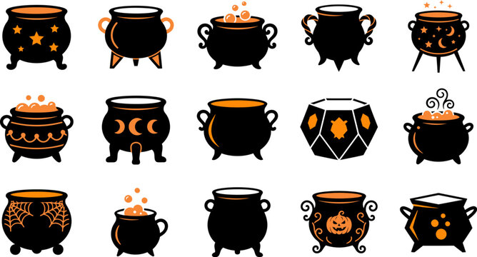 Halloween cauldron vector illustration set featuring various magical witch pots with potions and mystical decorative elements